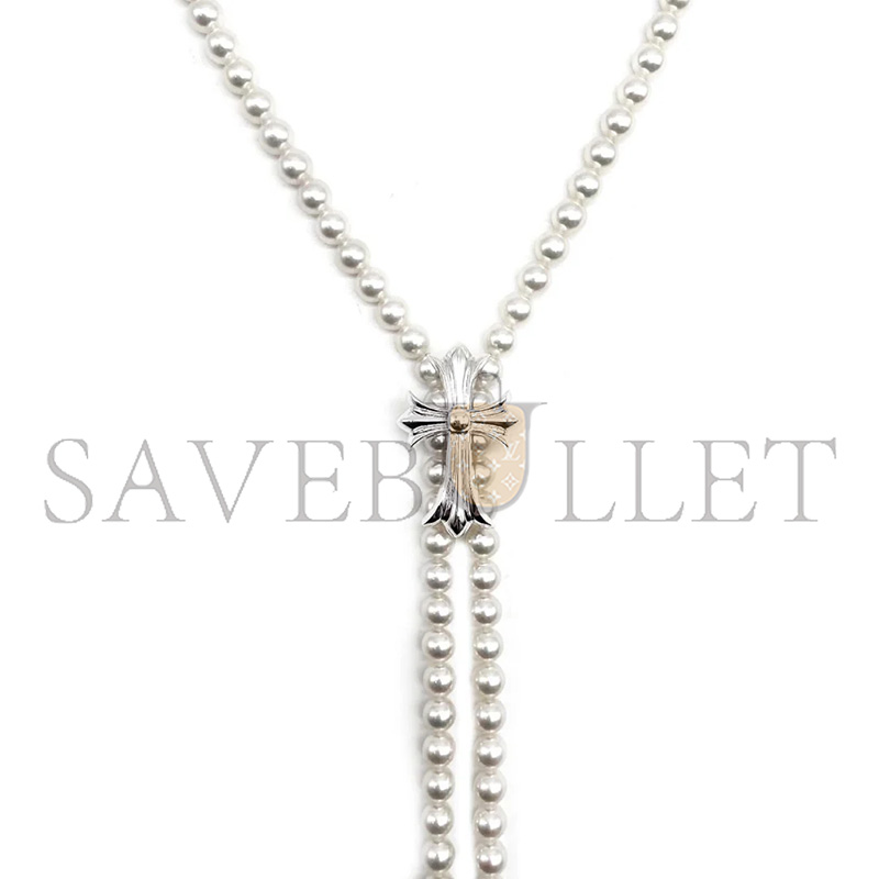 CHROME HEARTS MIKIMOTO 18K WHITE GOLD CROSS BOLO TIE NECKLACE 